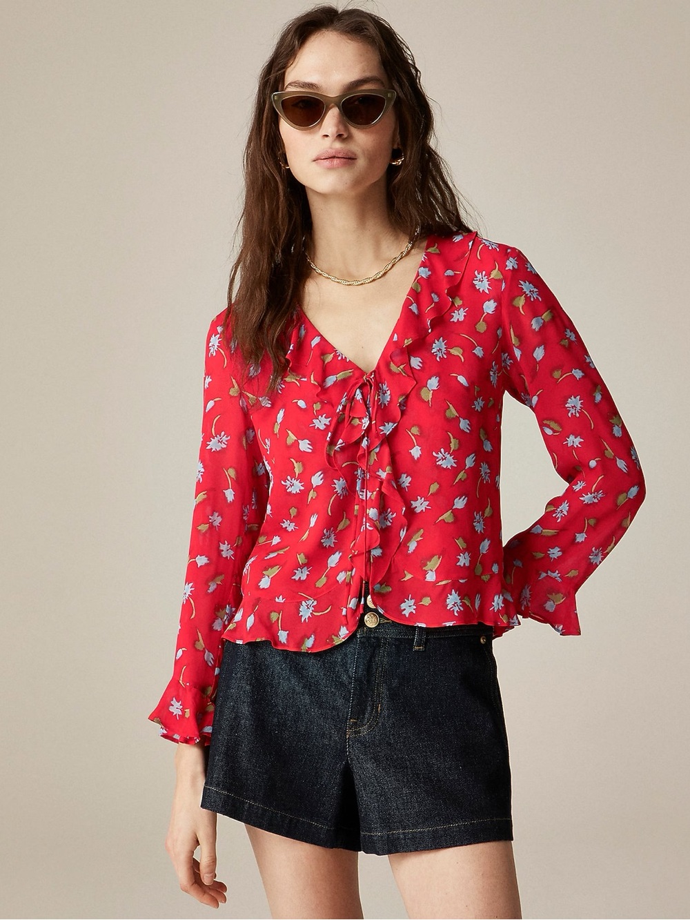 NWT J Crew Ruffle tie-front top in chiffon red multi